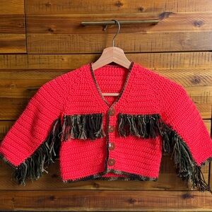 Handmade Kids Girl Red Crocheted Fringe Cardigan